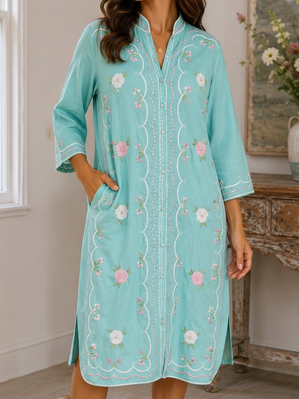 Vintage Caro Of Honolulu Embroidered Day Dress medium
